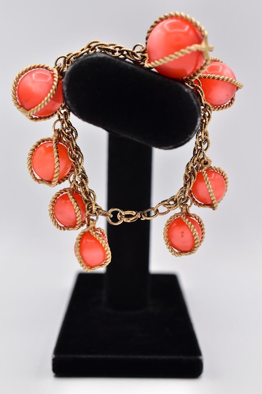 Vintage Ornament Caged Ball Beaded Chain Bracelet Charm Gold Chunky 1970s BinAW